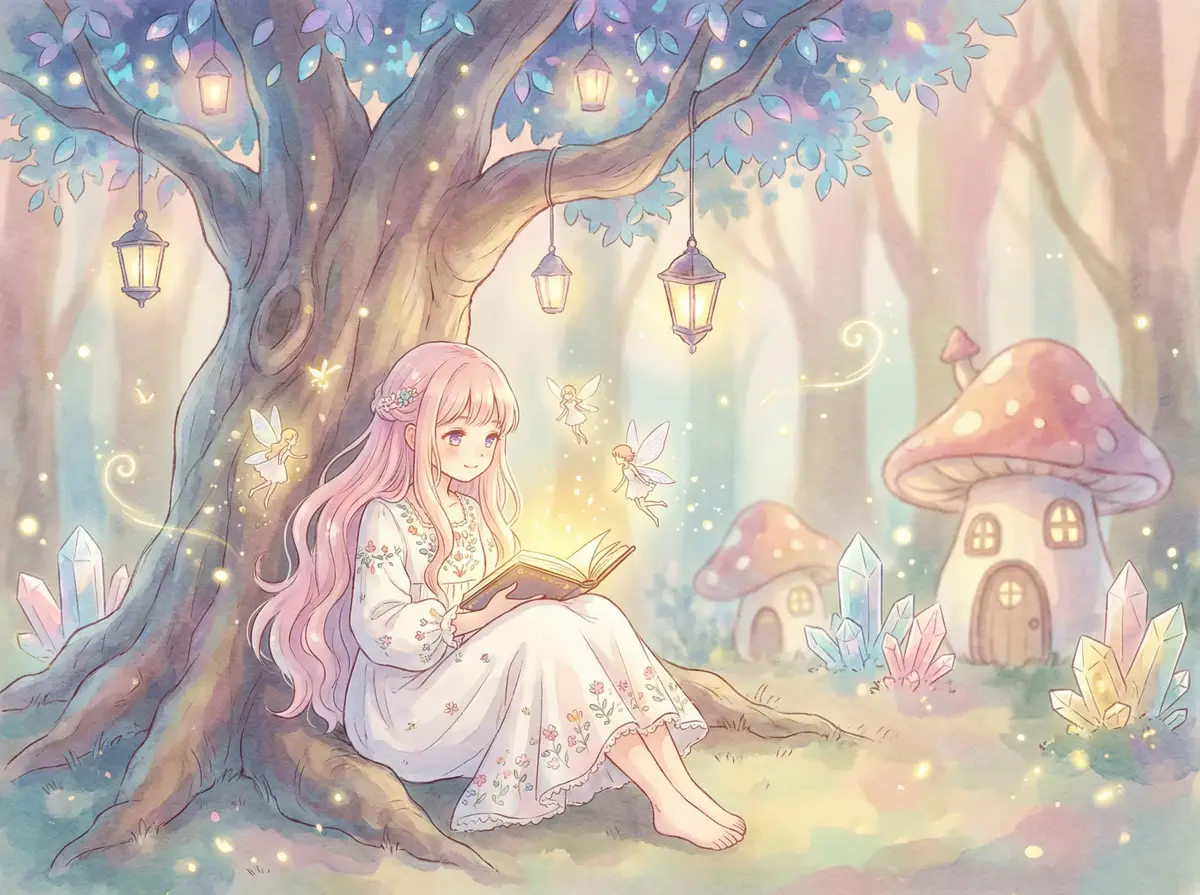 美教师地狱责罚 - 魔法森林中阅读故事书的粉发少女与精灵